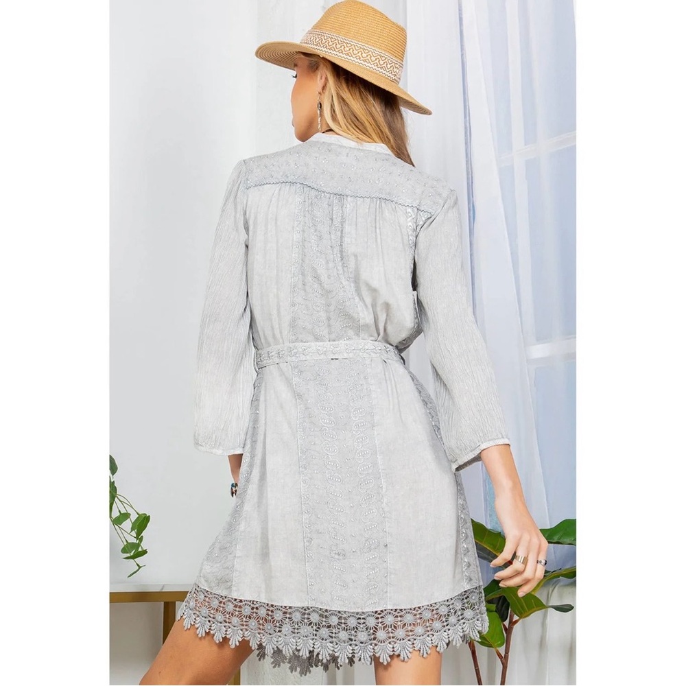 Young Threads Bohemian Baby Doll Button Down Dress in Light Gray Size L NWT - Picture 3 of 14
